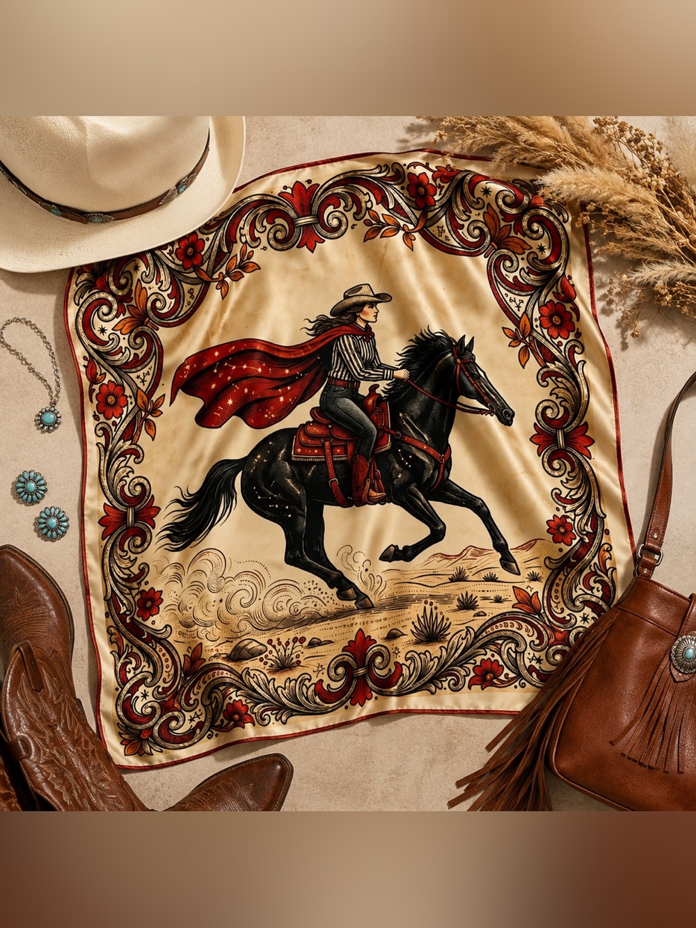 NWT Western Cowgirl Horse Wild Rag Scarf 28x28 Red Black Cream Rodeo Bandana